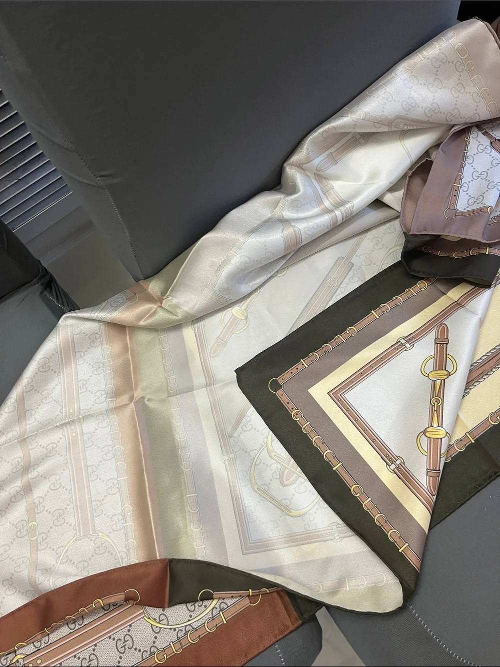 Silk Equine-Inspired Scarf in Brown, Cream & Gold